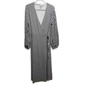 H&M Off White & Black Vertical Striped Full Wrap Bubble Sleeve Maxi Dress Large